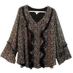 Belle by Kim Gravel Blouse Ruffle Front Flared Sleeve Black/White Lined - 2X